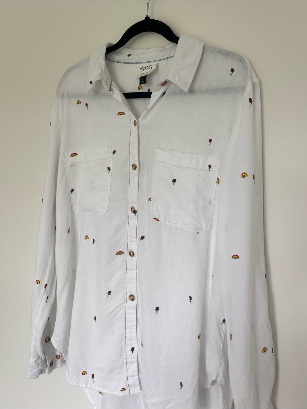 Anthropologie White Button-Down Linen Blend Shirt with Rainbow & Rose Details M